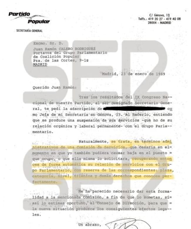 Documento de 1989 de la secretaría general del PP
