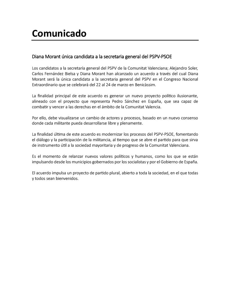 Comunicado remitido esta noche por el PSOE