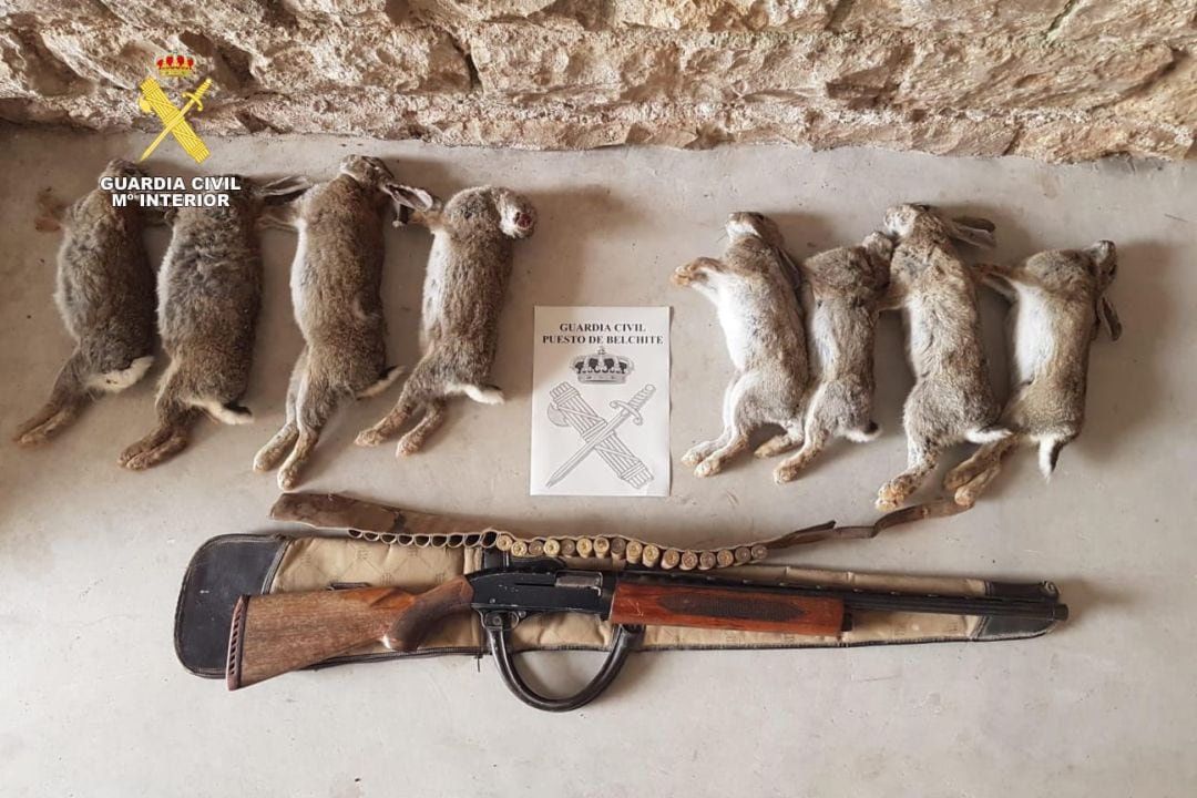 Piezas de caza y escopeta intervenidas a los dos cazadores denunciados.