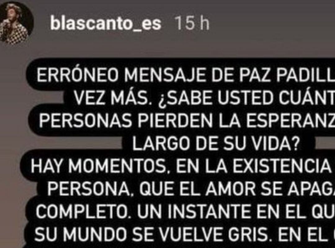 Blas Cantó responde a Paz Padilla en Instagram.