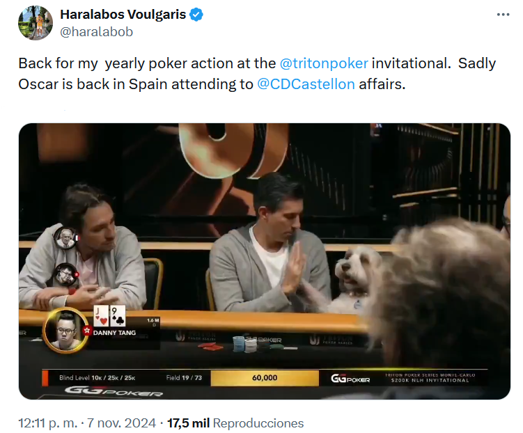 “De regreso para mi acción anual de póquer en el torneo de invitación @tritonpoker. Lamentablemente, Oscar está de regreso en España atendiendo asuntos del @CDCastellon”