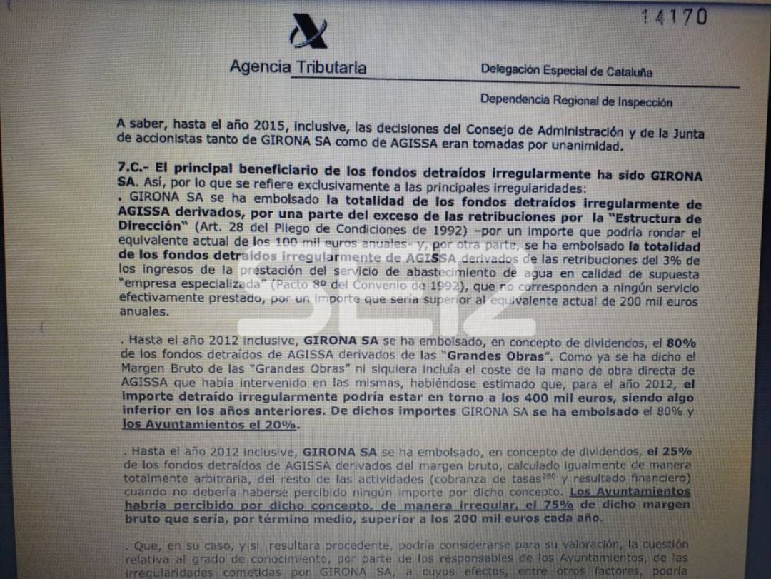 Uno de los documentos que constan en el sumario del caso Aguas de Girona que explica que los gerundenses han estado pagando durante más de 20 años más de 1 millón de euros de sobrecoste por el servicio de agua.