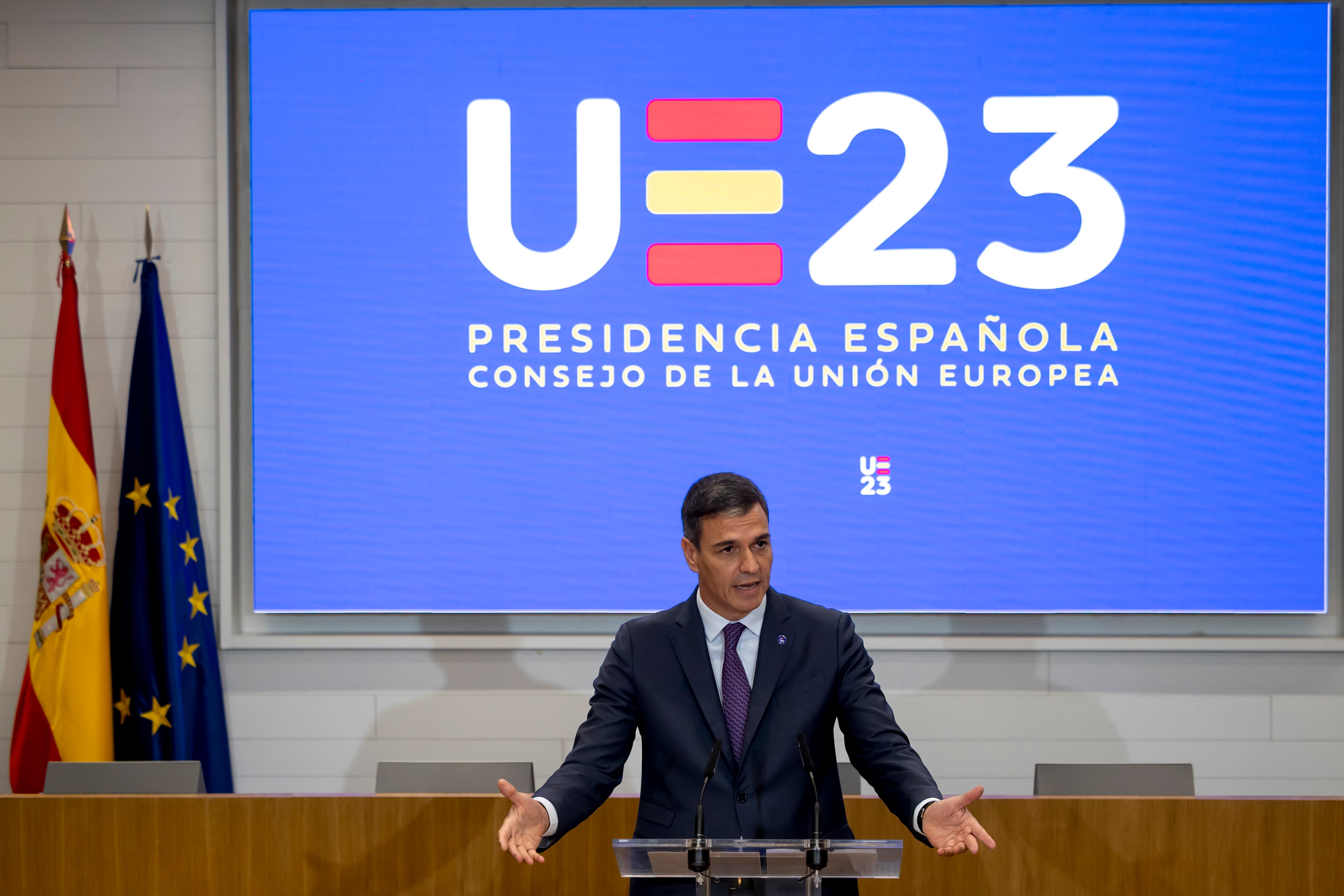 El presidente del gobierno en funciones, Pedro Sánchez, durante el acto de la Presidencia española de la UE