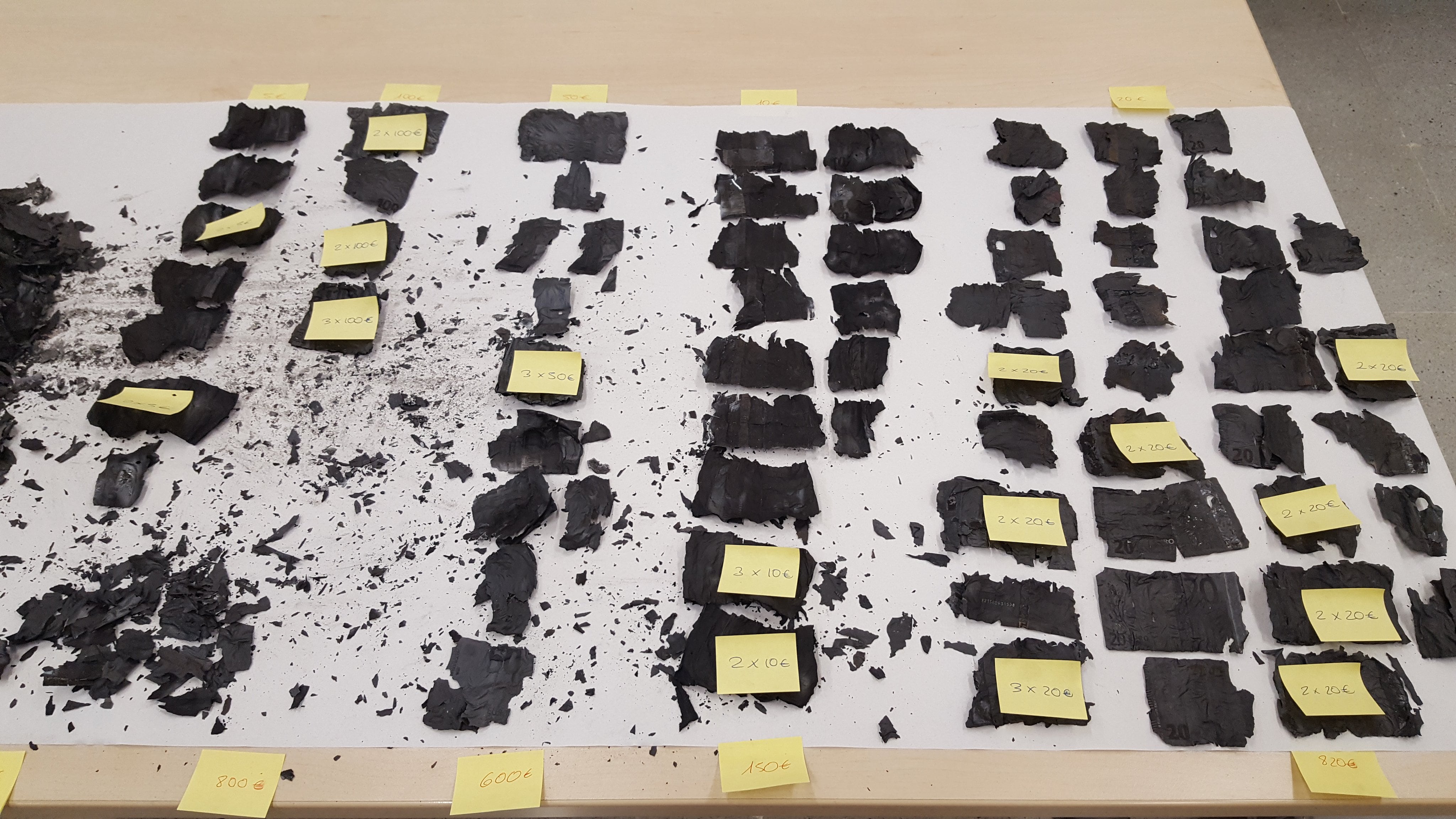 Billetes quemados siendo analizados por el Banco de España.