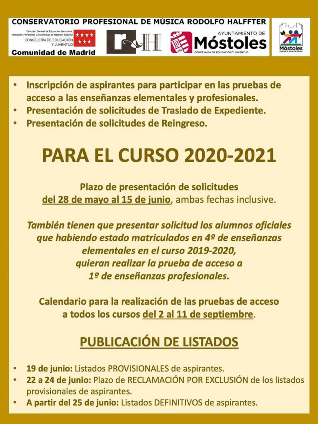 Cartel del periodo de inscripción al conservatorio de Móstoles