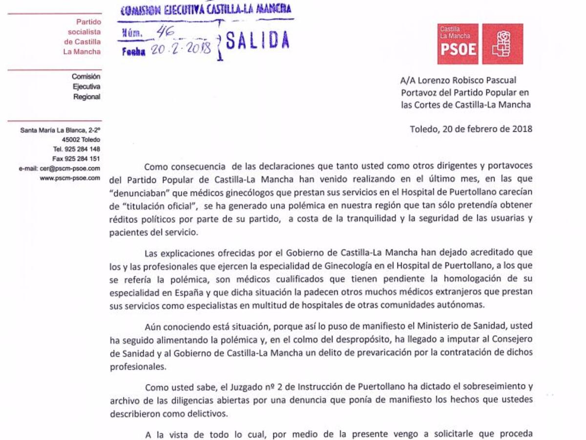 El PSOE regional pide a Lorenzo Robisco que se retracte de sus acusaciones por la contratación de ginecólogos en Puertollano