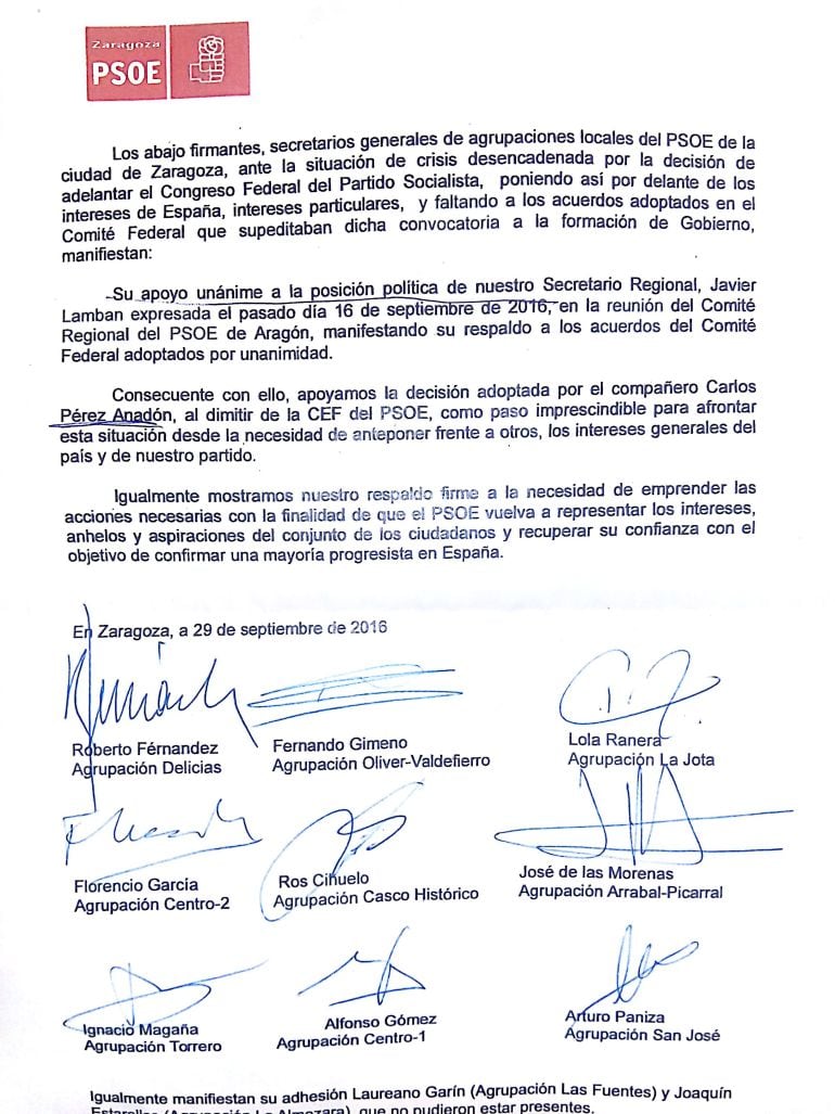 Documento de apoyo firmado por 11 de las 13 agrupaciones locales del PSOE