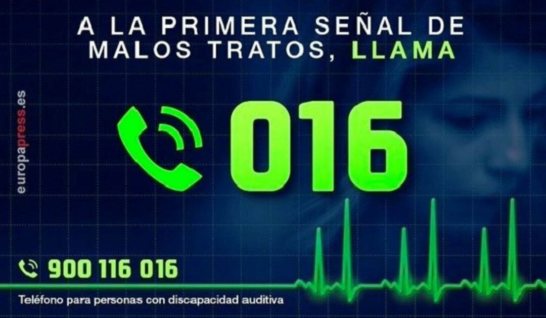 El teléfono 016 es el de atención a las personas que sufren esta lacra.