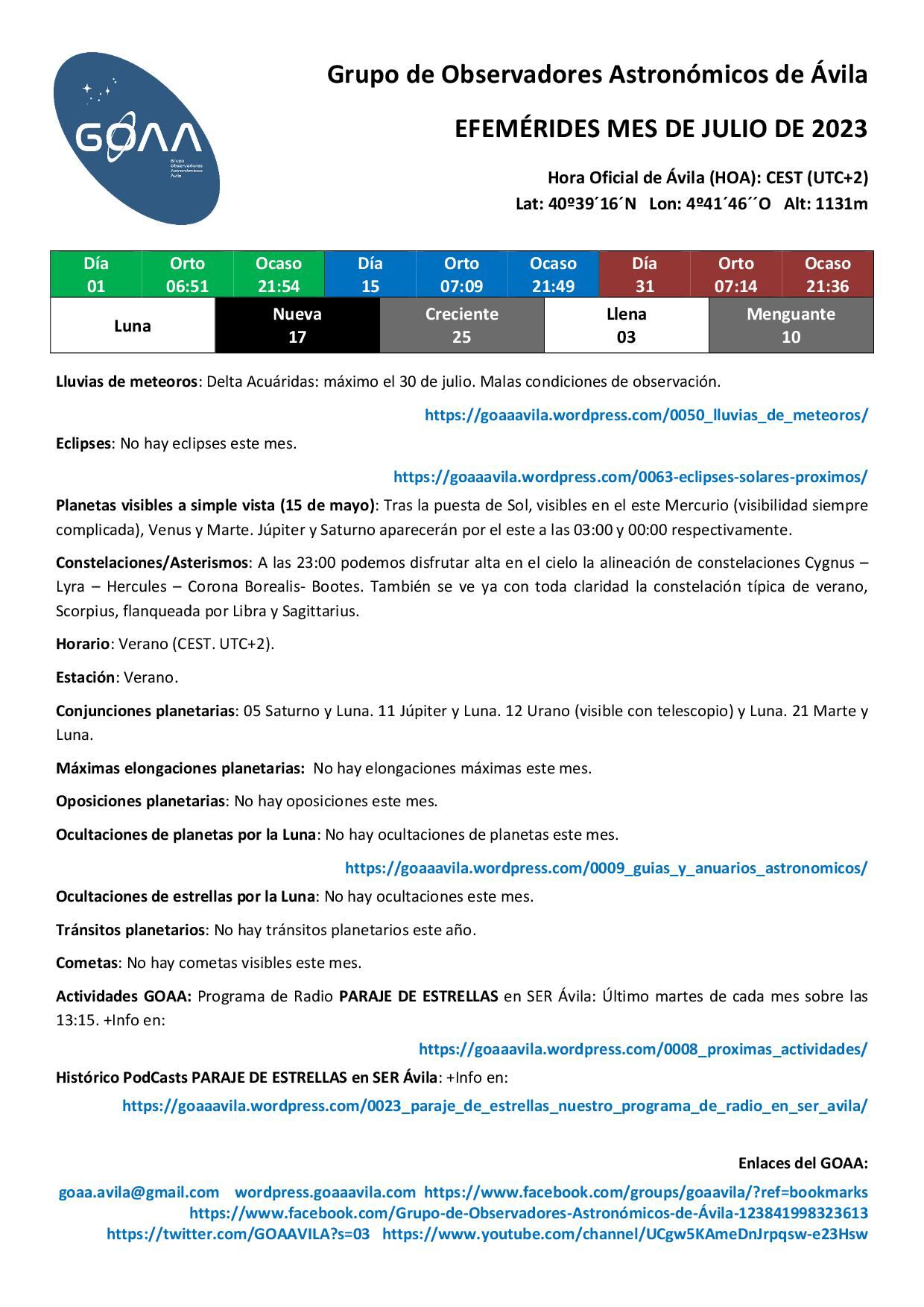 Efemérides Julio 2023