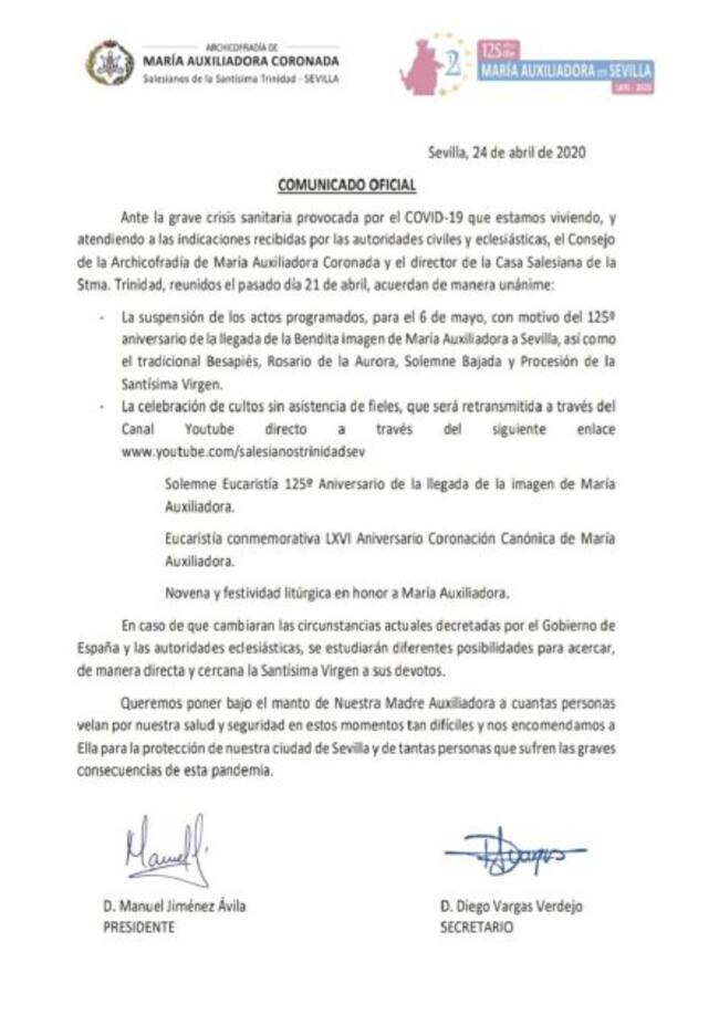 Comunicado emitido por la Archicofradía de María Auxiliadora de la Trinidad