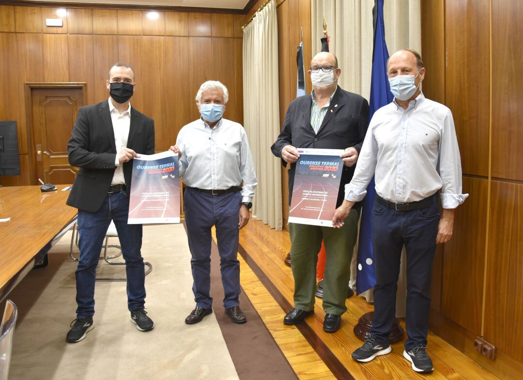 Máis de 160 deportistas daranse cita na VI edición do Ourense Termal Athletics Meeting. Eladio Gómez, coordinador xeral de Ourense Termal, Rosendo Fernández, vicepresidente da Deputación de Ourense, Alfonso Mandado, director da área de benestar, saude e deporte da Universidade de Vigo, Mario Guede, concelleiro de deportes do Concello de Ourense