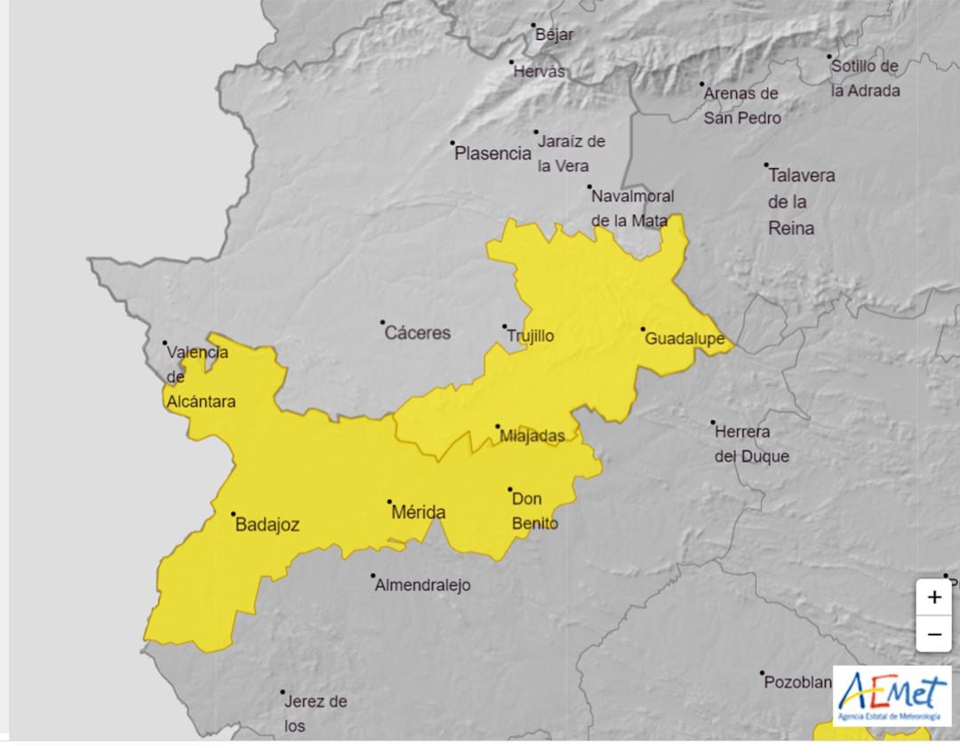 Mapa de alertas metereológicas de la Aemet para mañana miércoles 15 de julio en Exremadura