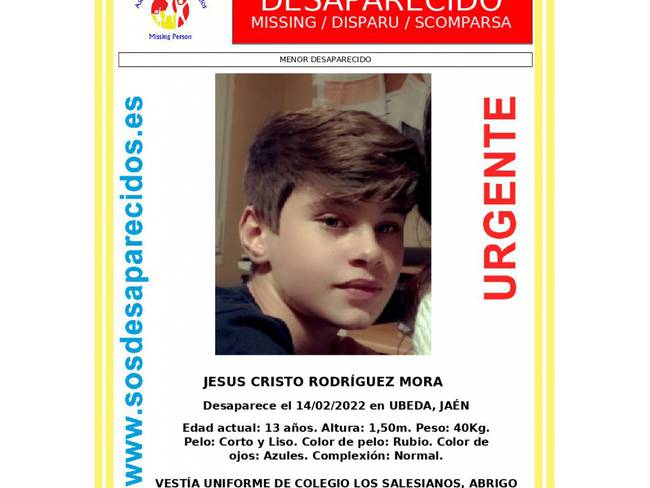 SOS Desaparecidos anuncia la desaparición de un niño de 13 años en Úbeda.