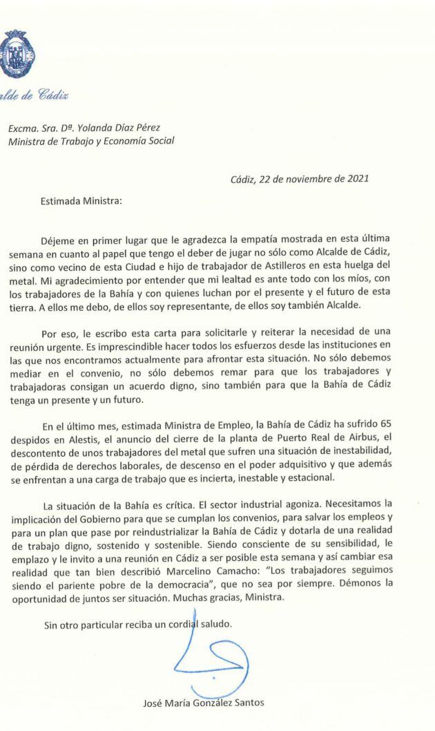 Carta enviada por el alcalde de Cádiz a la ministra de Trabajo