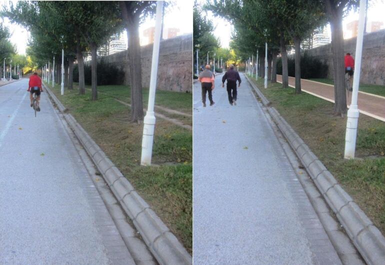 Carril bici en el Jardín del Turia junto al pretil en la Ciudad de las Artes y las Ciencias