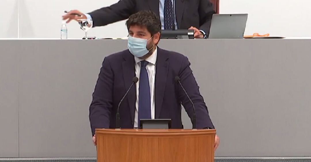 Fernando López Miras durante su comparecencia en la Asamblea Regional para hablar sobre la gestión de la pandemia