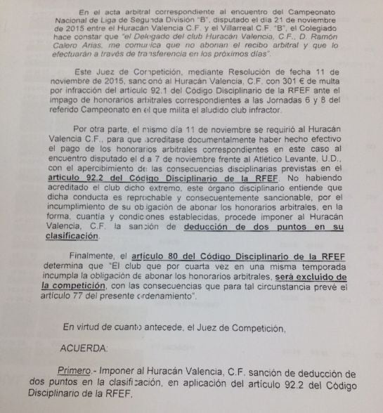 Documento en el que se le informa a Huracán de la sanción por parte de la RFEF