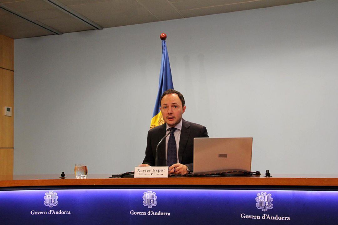 El ministre d'Afers Socials, Justícia i Interior i candidat a cap de Govern per DA, Xavier Espot, en roda de premsa.