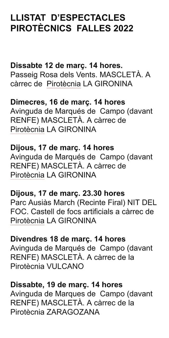 Calendario mascletaes Gandia 2022