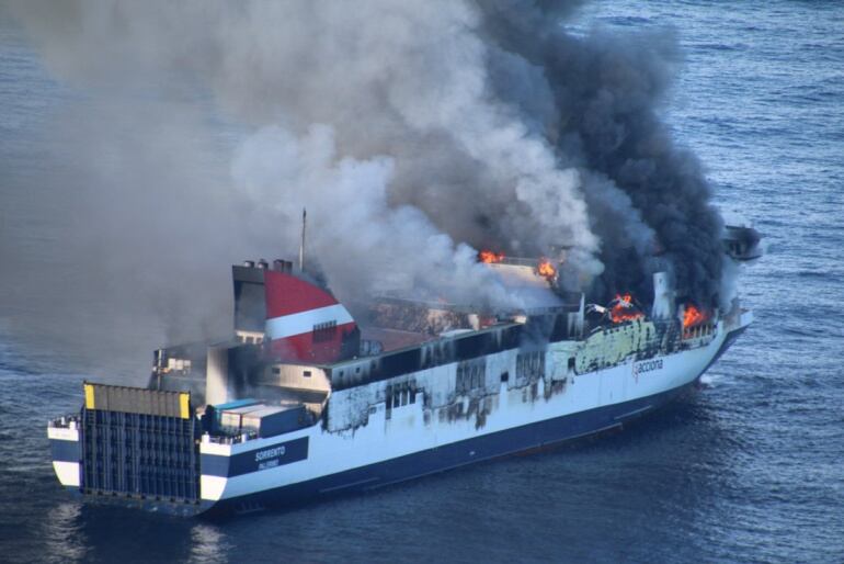 A general view shows the burning Sorrento ferry crossing the Mediterranean, in Spain, in this handout image taken April 28, 2015. Emergency services rescued 156 people on Tuesday from a burning ferry crossing the Mediterranean from the island of Mallorca to the Spanish port of Valencia, the ferry operator and government officials said. The Sorrento ferry, belonging to the Italian company Atlantica di Navigazione although operated by Trasmediterranea-Acciona, sent out distress signals, Spain&#039;s Ministry of Public Works said in a statement. Picture taken April 28. REUTERS/Spanish Interior Ministry/Handout via Reuters ATTENTION EDITORS - THIS PICTURE WAS PROVIDED BY A THIRD PARTY. REUTERS IS UNABLE TO INDEPENDENTLY VERIFY THE AUTHENTICITY, CONTENT, LOCATION OR DATE OF THIS IMAGE. FOR EDITORIAL USE ONLY. NOT FOR SALE FOR MARKETING OR ADVERTISING CAMPAIGNS. THIS PICTURE IS DISTRIBUTED EXACTLY AS RECEIVED BY REUTERS, AS A SERVICE TO CLIENTS. NO SALES. NO ARCHIVES.      TPX IMAGES OF THE DAY     