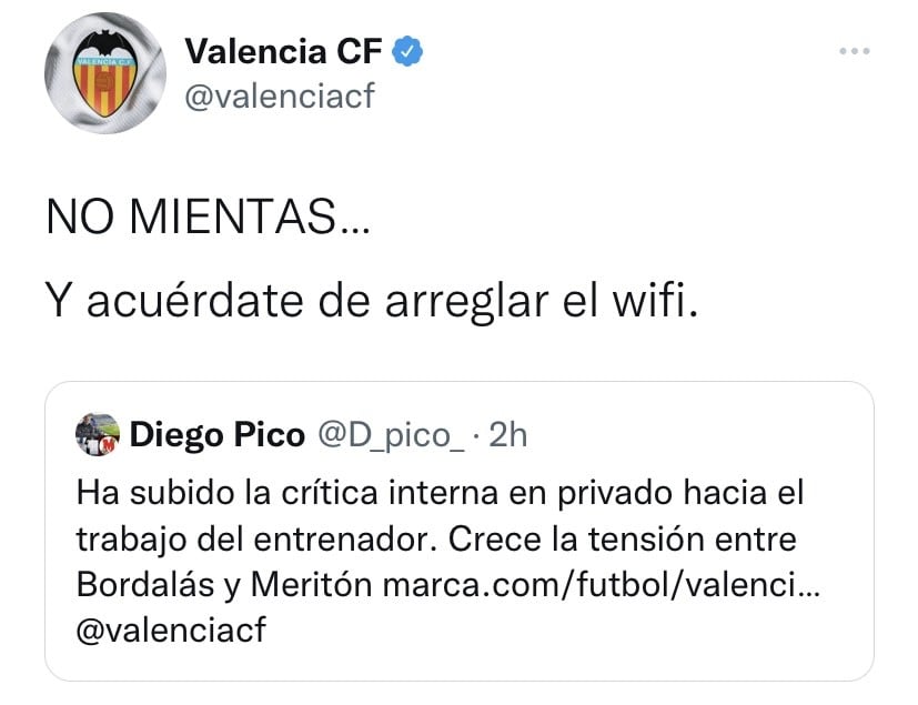 Captura del tuit del Valencia CF