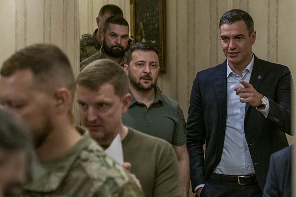 KYIV, UKRAINE - JULY 1: Spanish President Pedro Sanchez (R) and Ukrainian President Volodymyr Zelenskyy (L) arrive to a press conference in Kyiv, Ukraine on July 1, 2023. Sanchez promises in Kyiv to support Ukraine &#039;&#039;for as long as it takes&#039;&#039; and assures that &#039;&#039;it will win the war&#039;&#039;. (Photo by Jose Colon/Anadolu Agency via Getty Images)