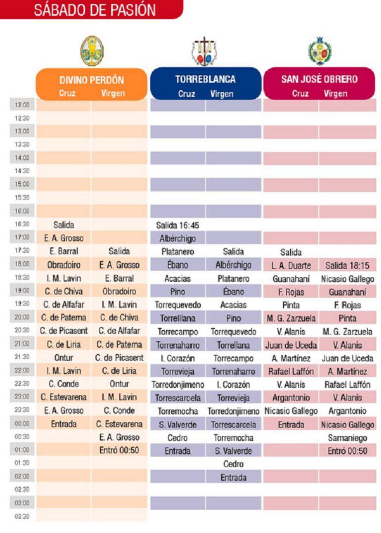 Parrilla con los horarios e itinerarios del Sábado de Pasión