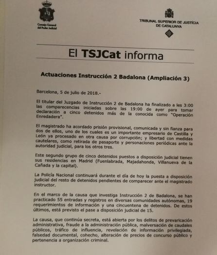 Nota de prensa donde el TSJ catalán infrorma del destino de José Luis Ulibarri, asi como de otros investigados en el marco de la Operación Enredadera, tras prestar declaración