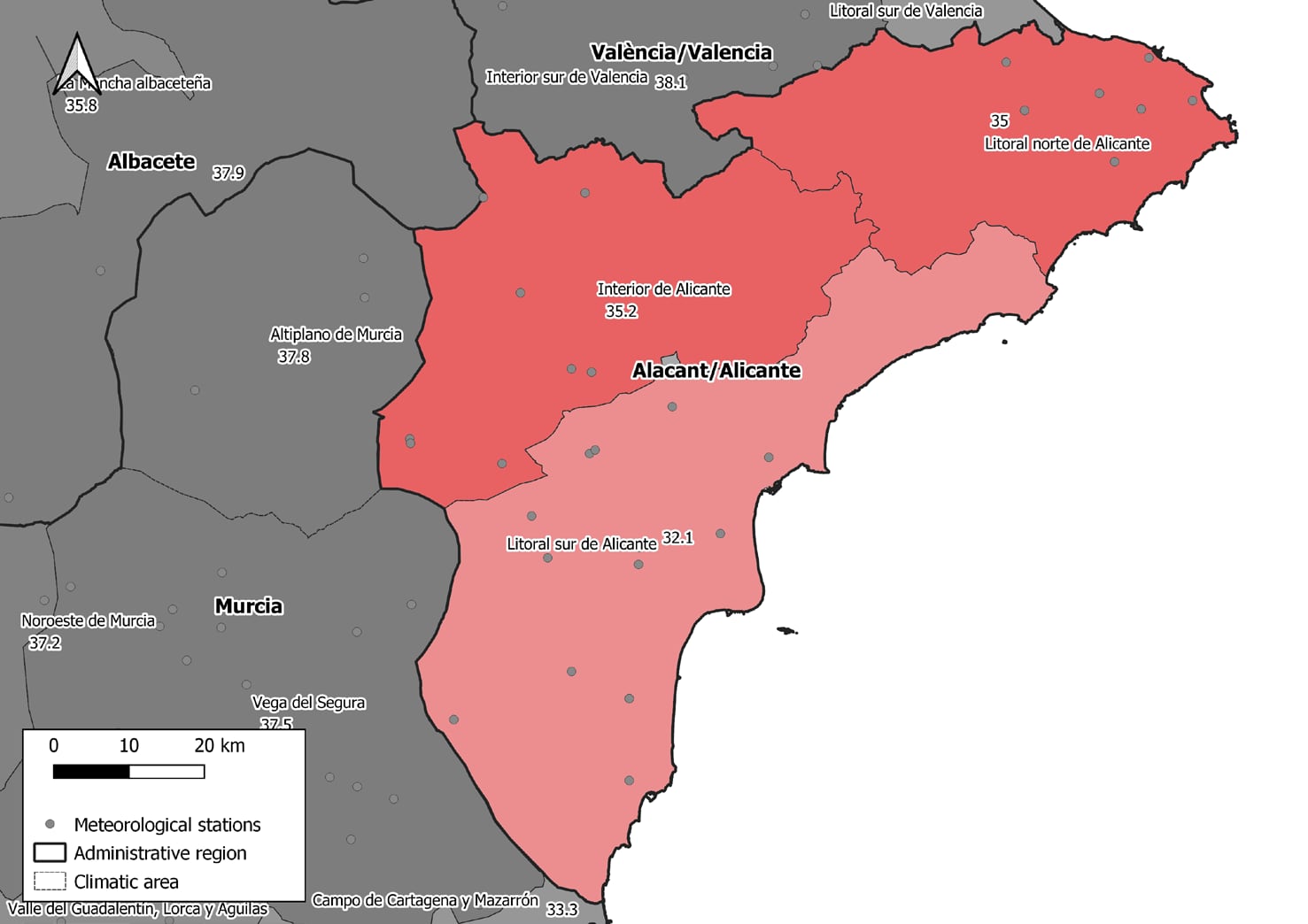 Mapa de temperaturas a las que se disparan las muertes por calor dentro de la provincia de AlicanteInstituto de salud carlos III