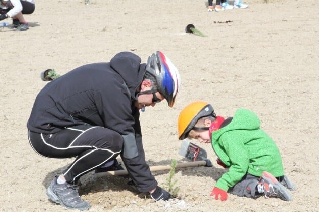 Un padre y su hijo plantan un árbol