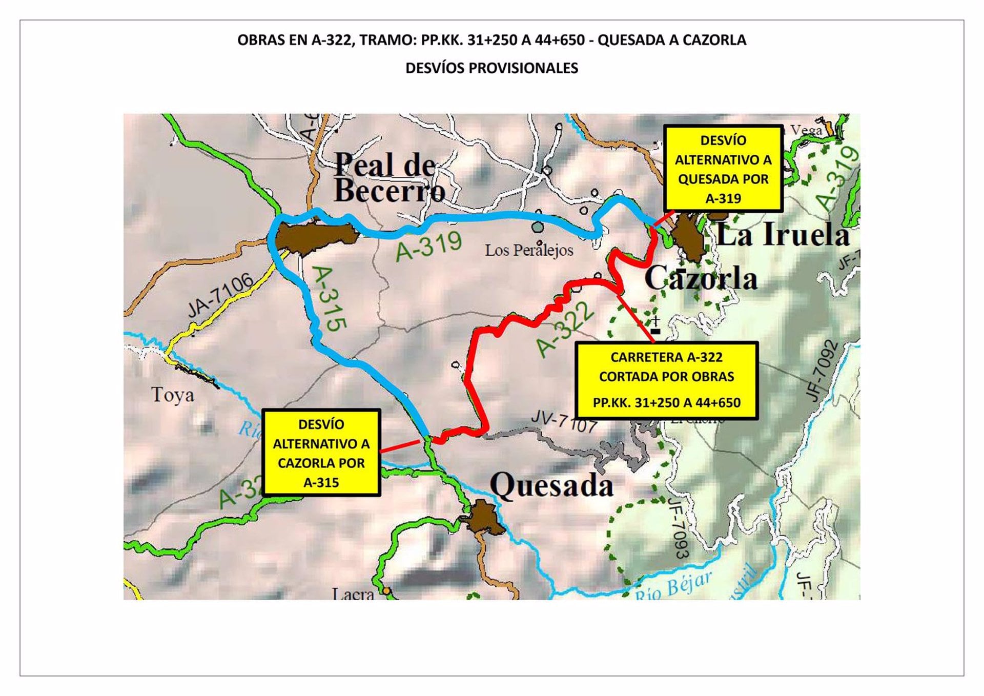 Itinerarios alternativos previstos ante el corte de la A-322 entre Quesada y Cazorla.