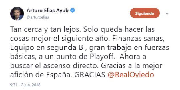 Mensaje de Arturo Elías en su cuenta de Twitter tras la finalización de la temporada.