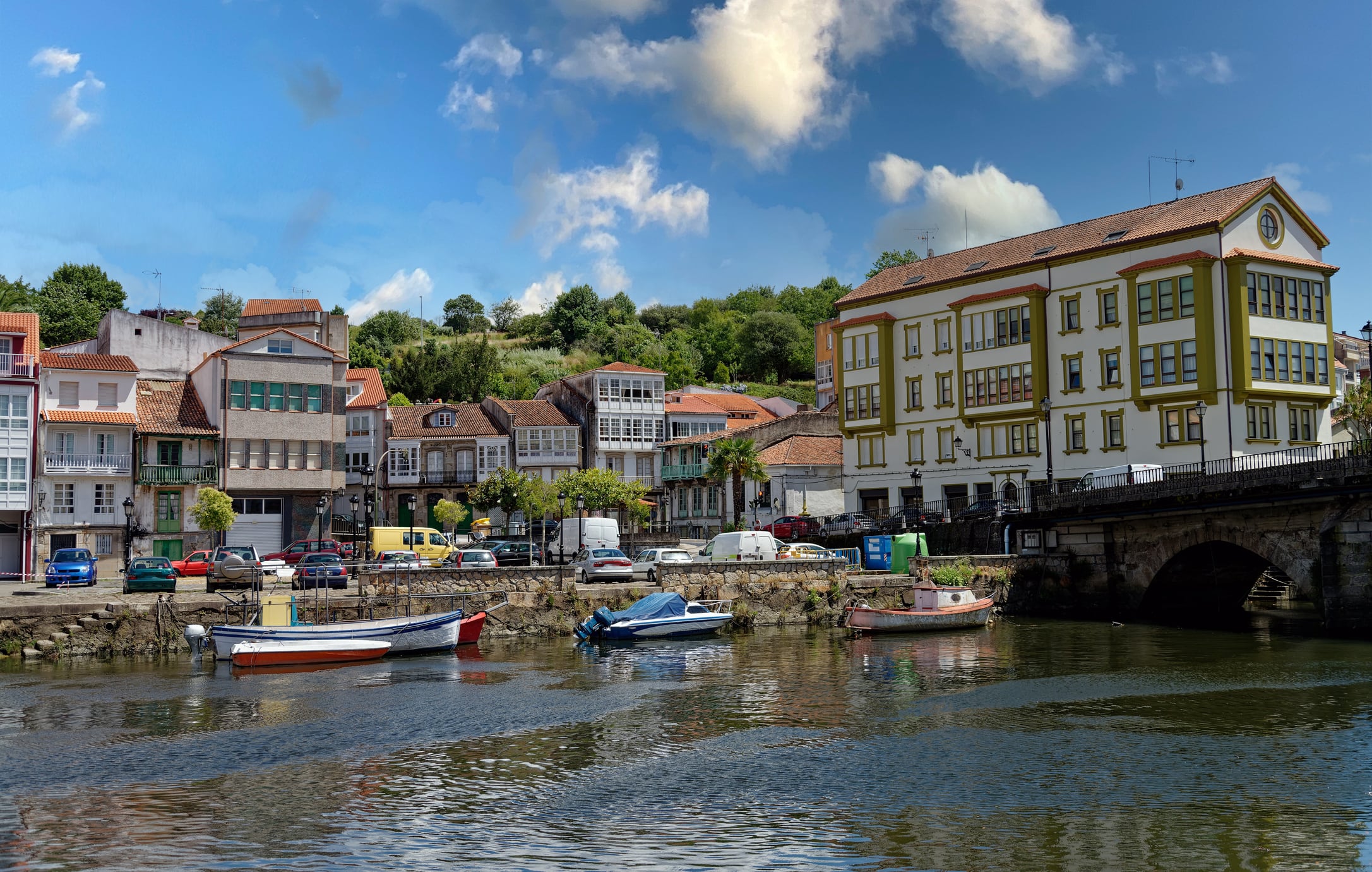 View of the picturesque town Betanzos on the banks of river Mandeo, in the Galicia region of Spain.