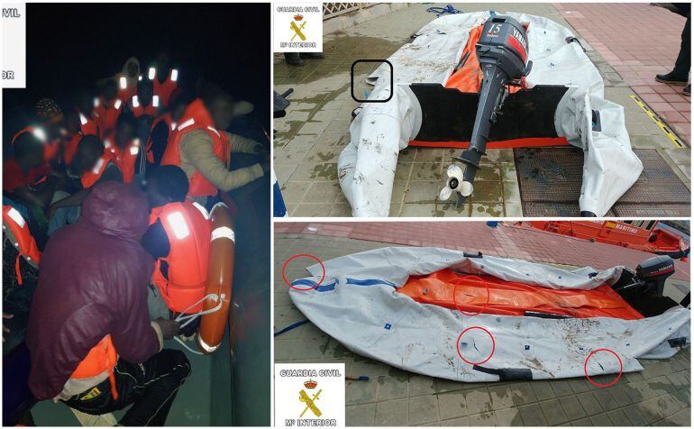 Combo de fotografías facilitadas por la Guardia Civil que ha rescatado esta madrugada a 31 inmigrantes de origen subsahariano