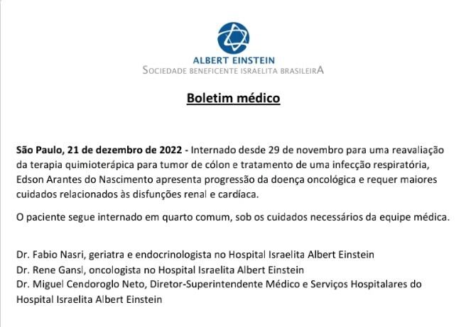 El boletín médico del hospital de Pelé.