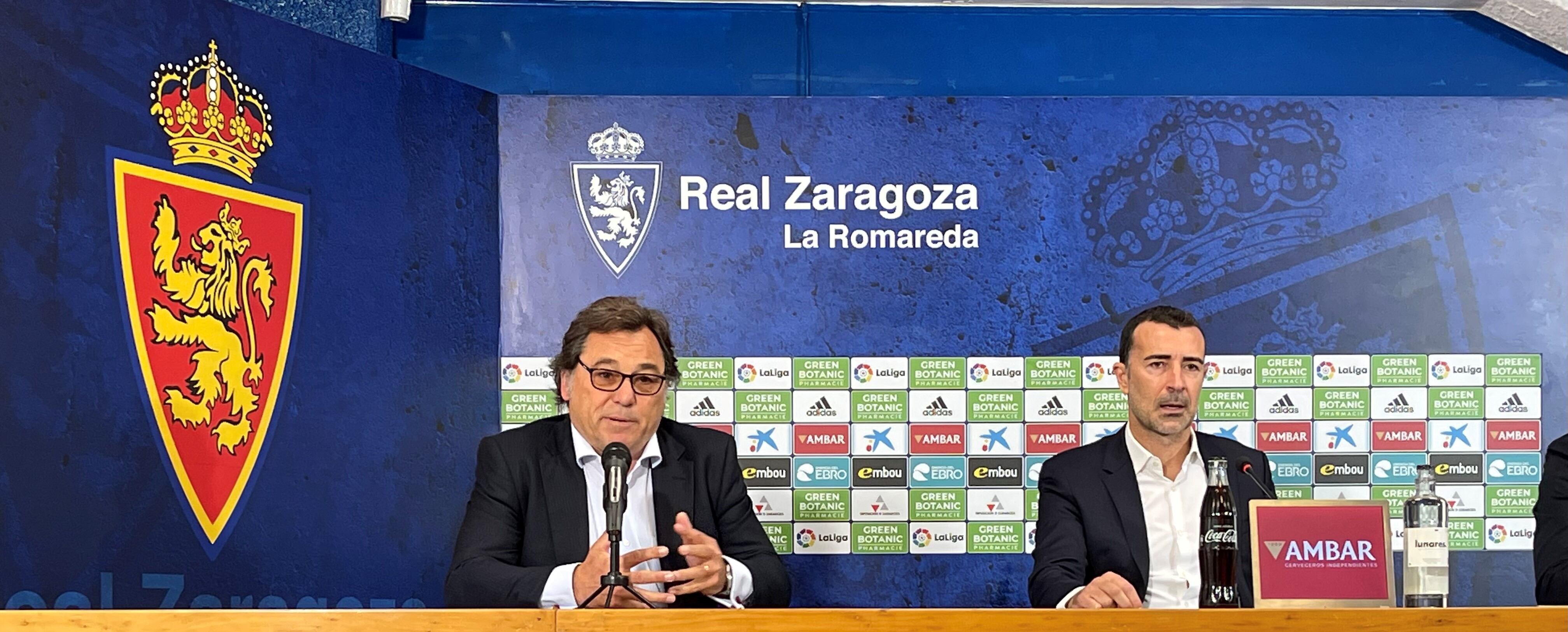 Sanllehí, durante la presentación de Carcedo como nuevo entrenador del Real Zaragoza