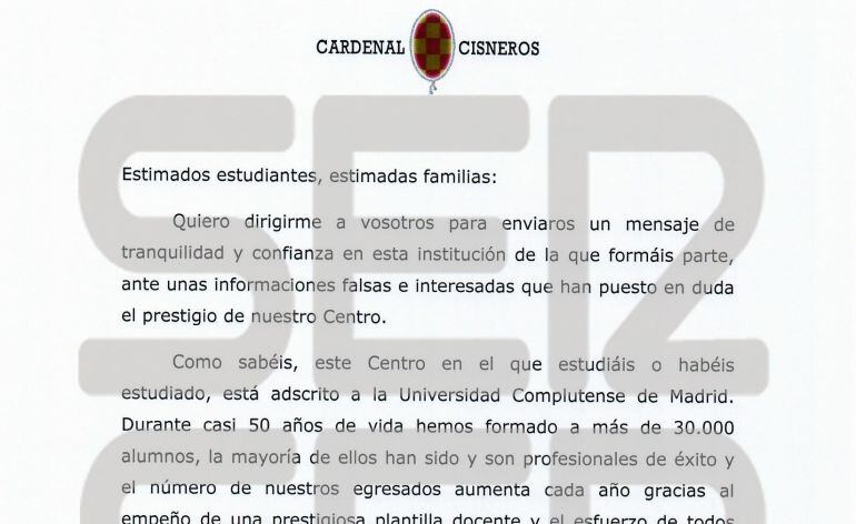 Carta dirigida a los estudiantes y sus familias