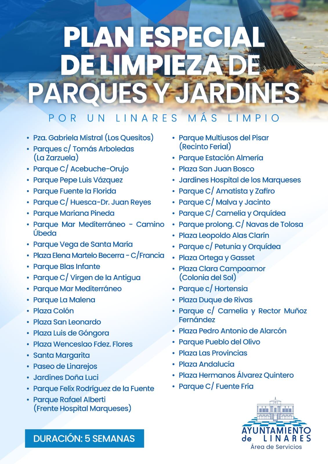 Zonas incluidas en el Plan Especial de Limpieza en Parques y Jardines de Linares.