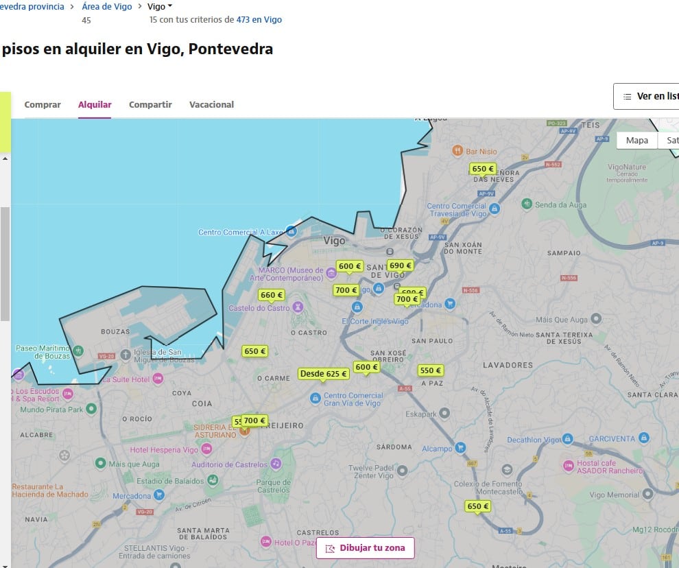 Pisos en Vigo en el Idealista filtrados por los criterios de la Xunta y un mínimo de 60 metros cuadrados.