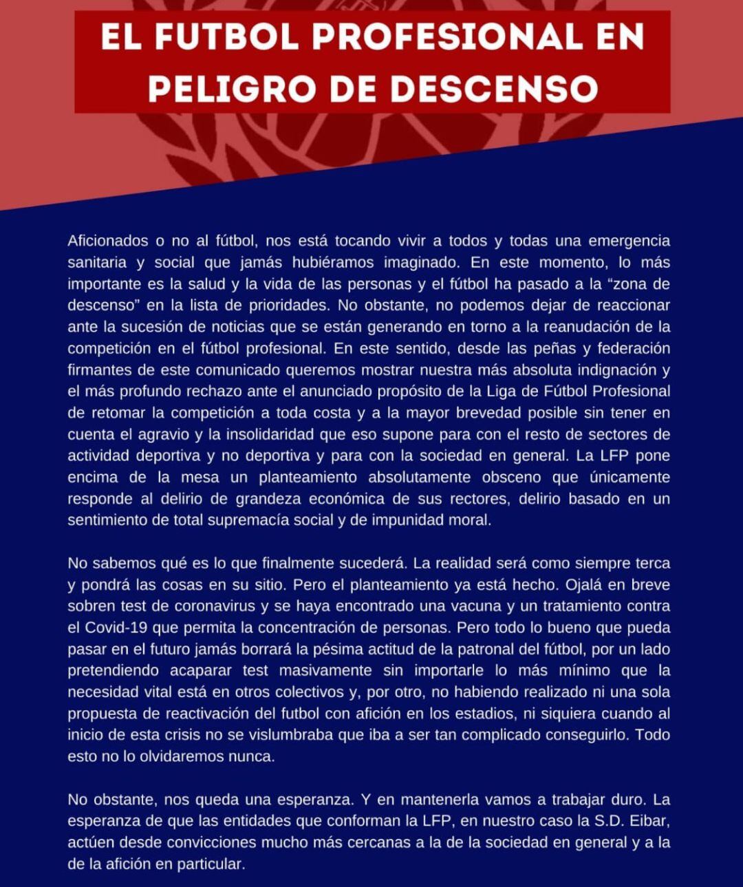 Comunicado emitido por las peñas del Eibar