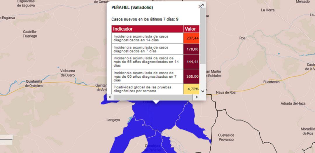 Mapa de la incidencia acumulada de casos diagnosticados por la Covid-19 en Peñafiel.