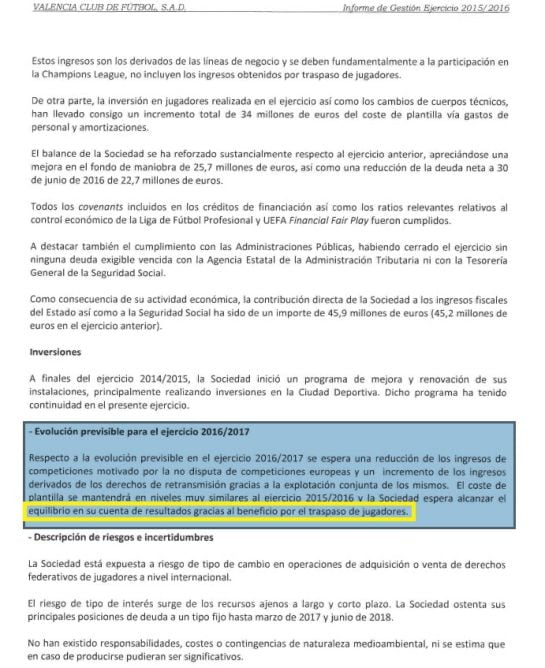 Párrafo en el que se anuncia la venta de futbolistas como ingresos