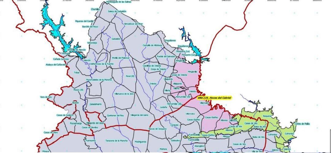 Mapa de los municipios incluidos en la Junta Central de Regantes de la Mancha Oriental.