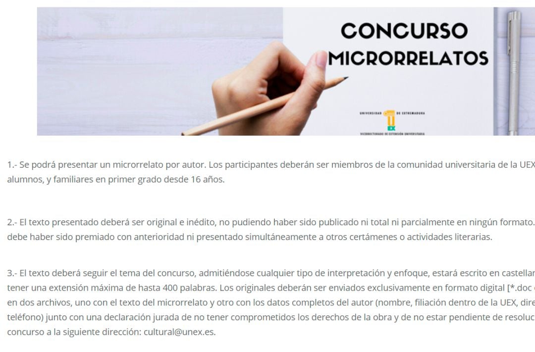 Portal de acceso al concurso de microrrelatos de la Universidad de Extremadura