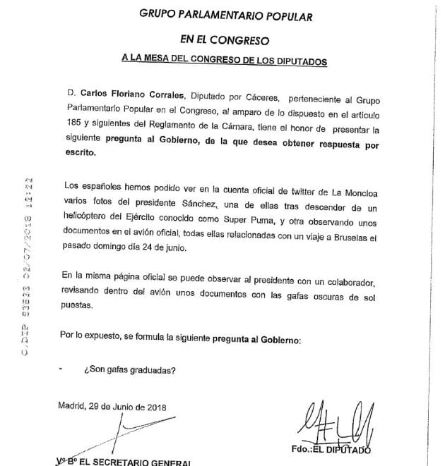 Documento completo (.pdf) con todas las preguntas del PP al Gobierno sobre el viaje en helicóptero de Sánchez y sus gafas de sol