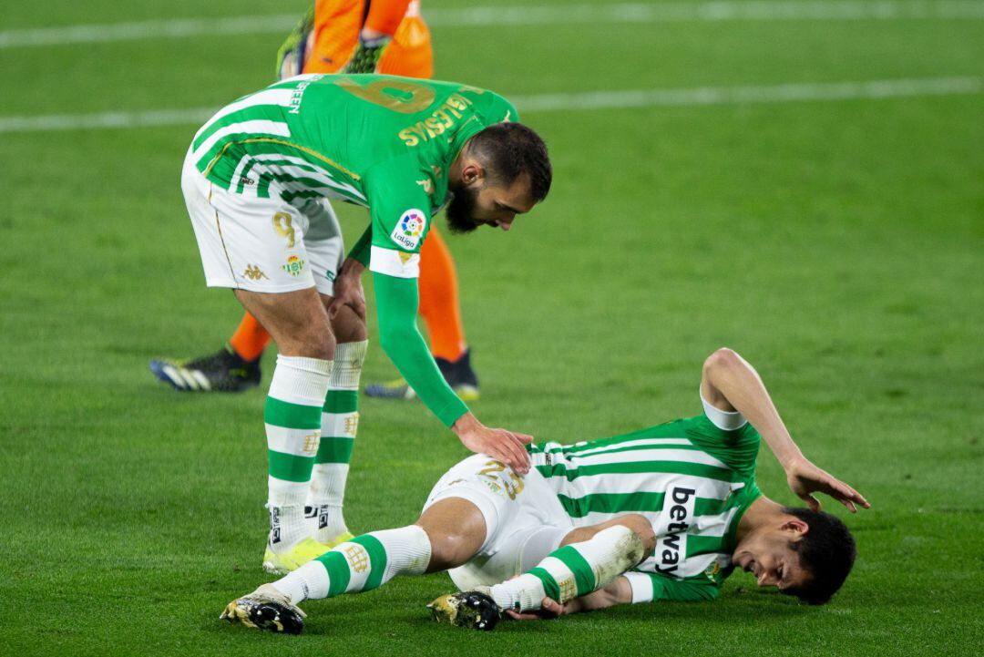 Borja Iglesias of Real Betis and Aissa Mandi of Real Betis during LaLiga, football match played between Real Betis Balompie and Futbol Club Barcelona at Benito Villamarin Stadium on February 7, 2021 in Sevilla, Spain.