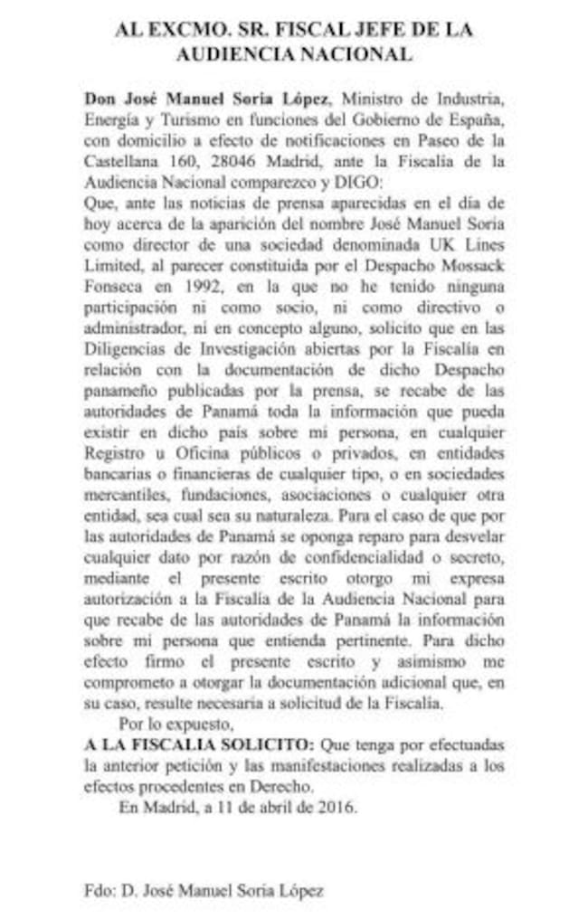 Solicitud de Soria al Fiscal jefe de la Audiencia Nacional