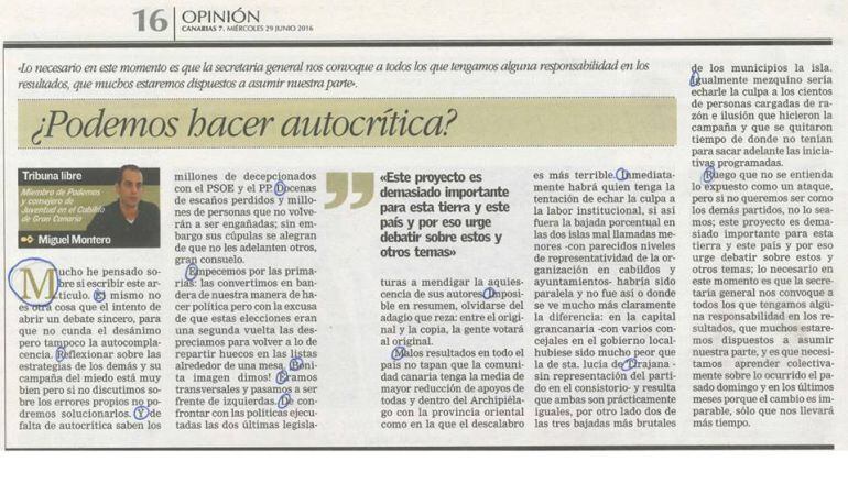 Artículo de opinión de Miguel Montero publicado en Canarias 7.