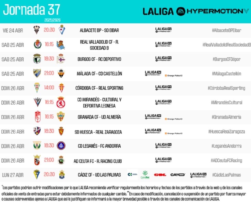 Horarios para los partidos de la jornada 37 de LaLiga Hypermotion
