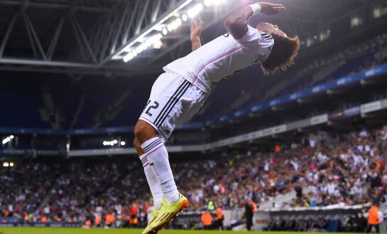 BARCELONA, SPAIN - OCTOBER 29: Marcelo Vieira of Real Madrid CF celebrates after scoring his team's fourth goal during the Copa Del Rey Round of 32 first leg match at Power8 Stadium on October 29, 2014 in Barcelona, Spain. (Photo by David Ramos/Getty Im